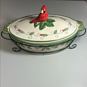 Temptations Cardinal Holiday Casserole Dish Set with Holly and Berry Accents
